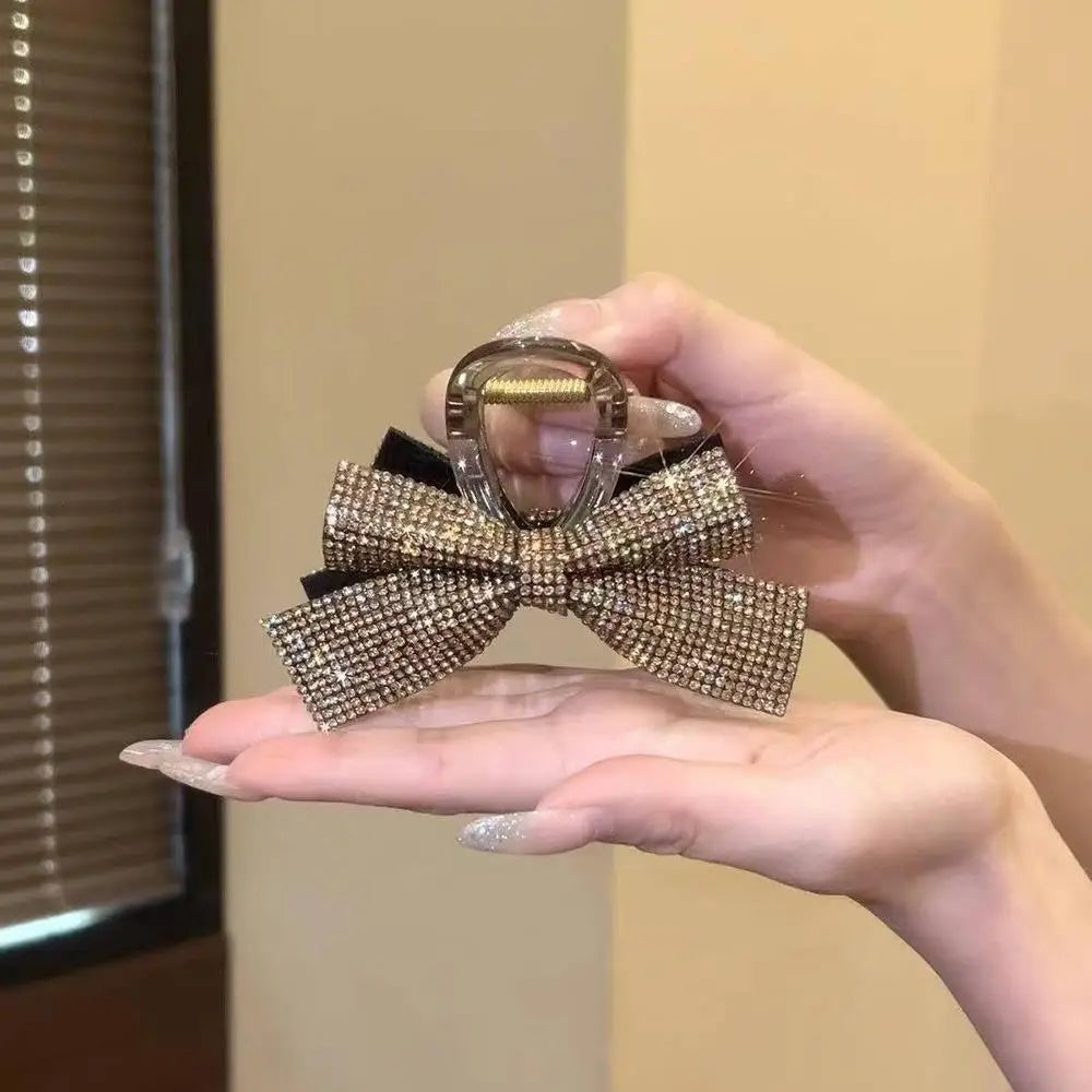New Bow Hair Clip Simple Elegant Romantic Full Diamond Bow 8CM High Ponytail Shark Clip Hair Accessories Diamond Bow Headwear