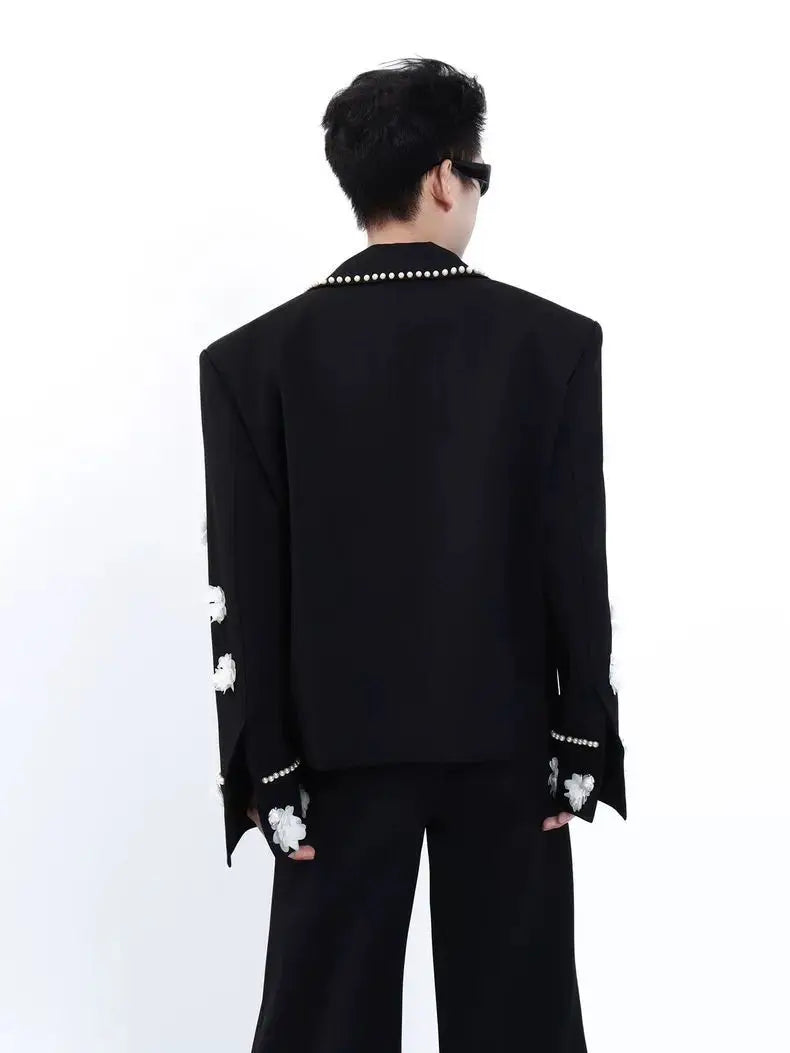 Flower Appliques Men's Jacket Spring Autumn Pearl Beading Lapel Coat American Fashion High Street Male Gorgeous Jackets