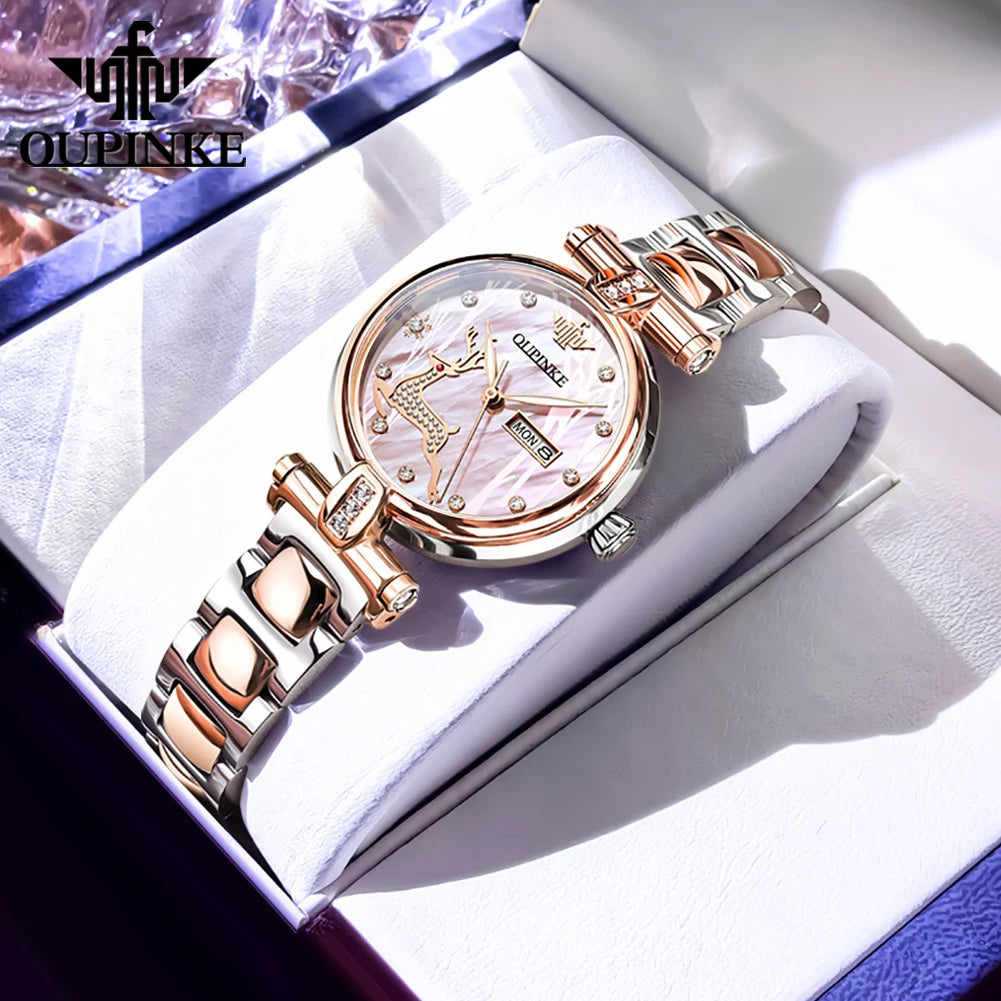 OUPINKE 3180 Women Mechanical Watch Rose Gold Luxury Elegant Diamond Watch Brand Original Dress Bracelet Women Watch Gift Box