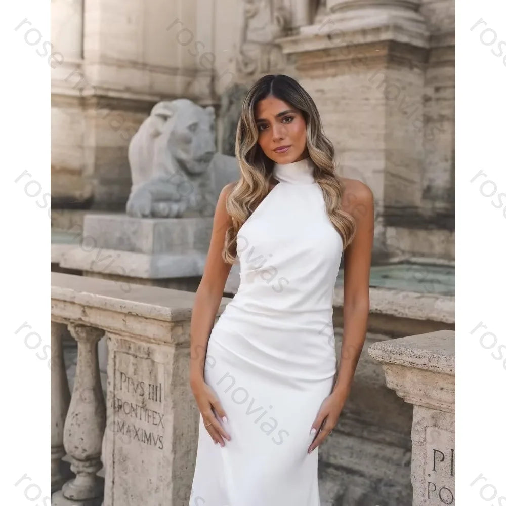 Customized Crepe White Wedding Dresses Halter Simple Classic Floor Length High Quality A-Line Classic for Beautiful Woman