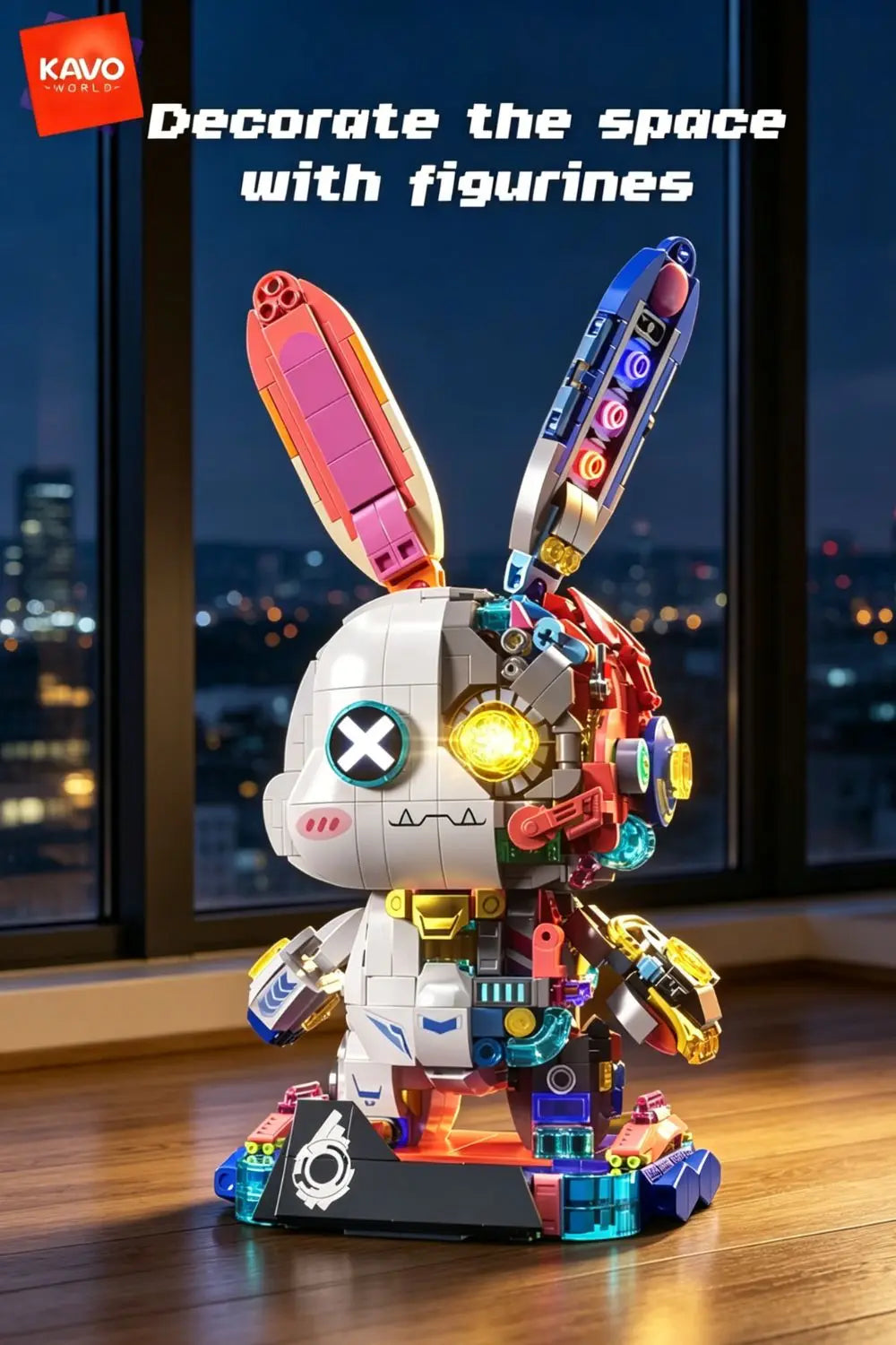 KAVOWORLD 1377PCS Robot Rabbit Building Blocks Set LED Light Up Multi-Point Rotatable Detachable Base DIY Cyberpunk Mecha Building Rabbit Bricks Kit Mechanical Bunny Construction Toy for Home Office Desk Decor Christmas Birth