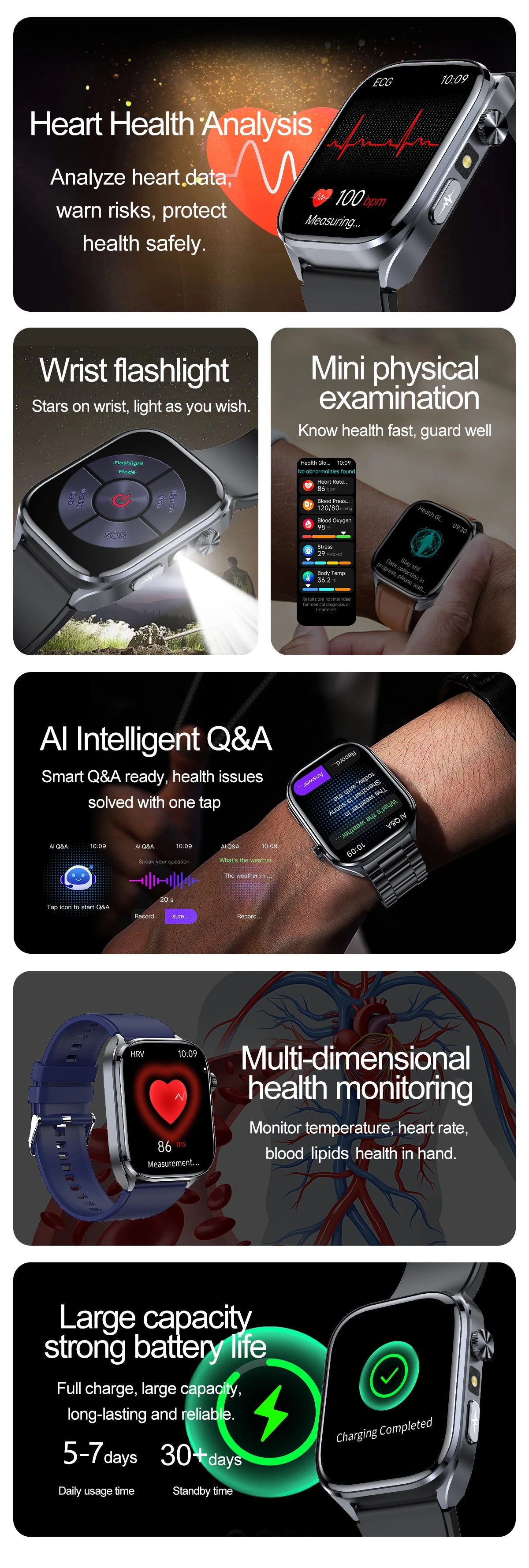 2026 New AI-Diagnosis Care Smartwatch Accurate ECG Uric Acid Lipids Blood Pressure Body Fat IP68 Waterproof Fitness Smartwatch