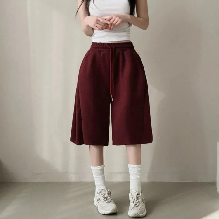 Summer Drawstring Wide Leg Shorts Women Fitness Running Loose Casual Large Sports Shorts Sweat Short High Elastic Lace Up Pants