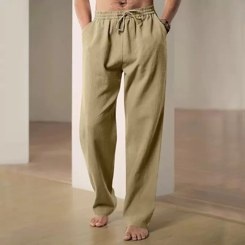 Men Drawstring Waist Linen Cotton Wide Leg Pants Thin Breathable Loose Casual Trousers For Spring Summer