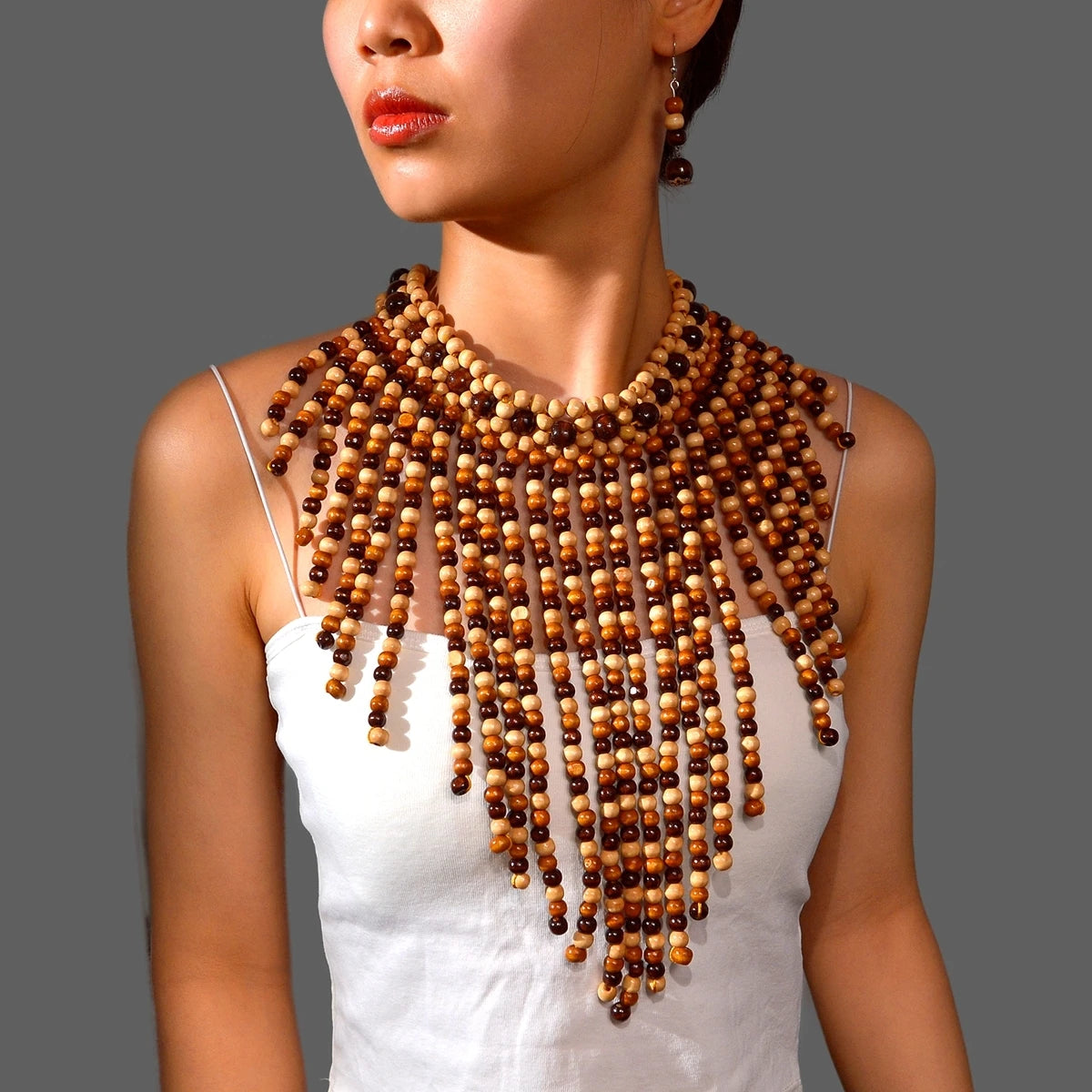 African Jewelry Set Bohemian Retro Ethnic Handmade Wooden Woven Beaded Statement Necklace and Earrings Women's Party Accessories