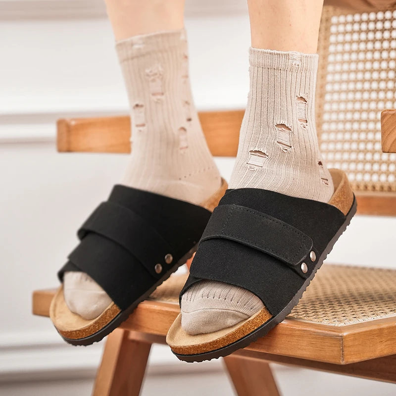 Men's Cork Slippers Suede Leather Clogs with Open Upper Comfort Footbed Adjustable Sandals Slides Indoor Home Shoes Women Couple