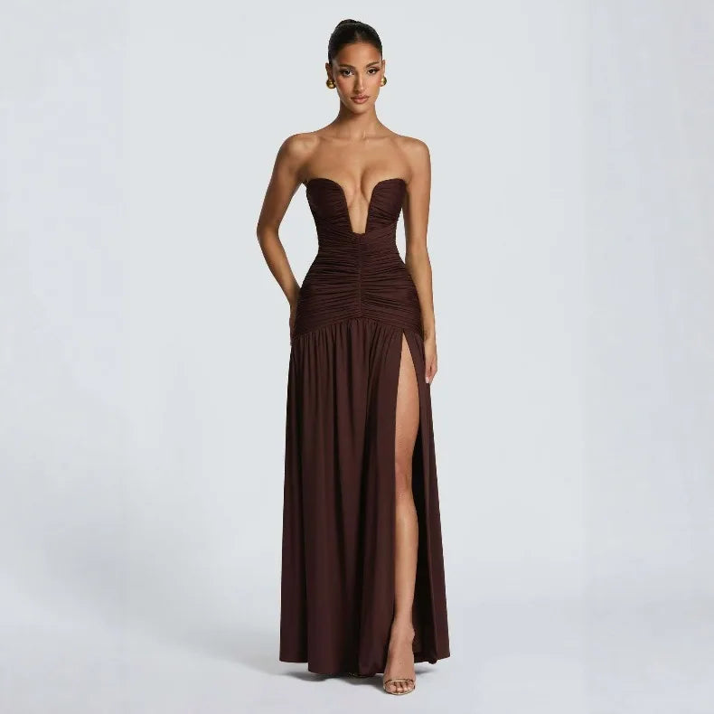 Solid Color Sexy Strapless High Slit Pleated Slim Fit Dress for Birthday Party Dinner Party Graduation Party Dress
