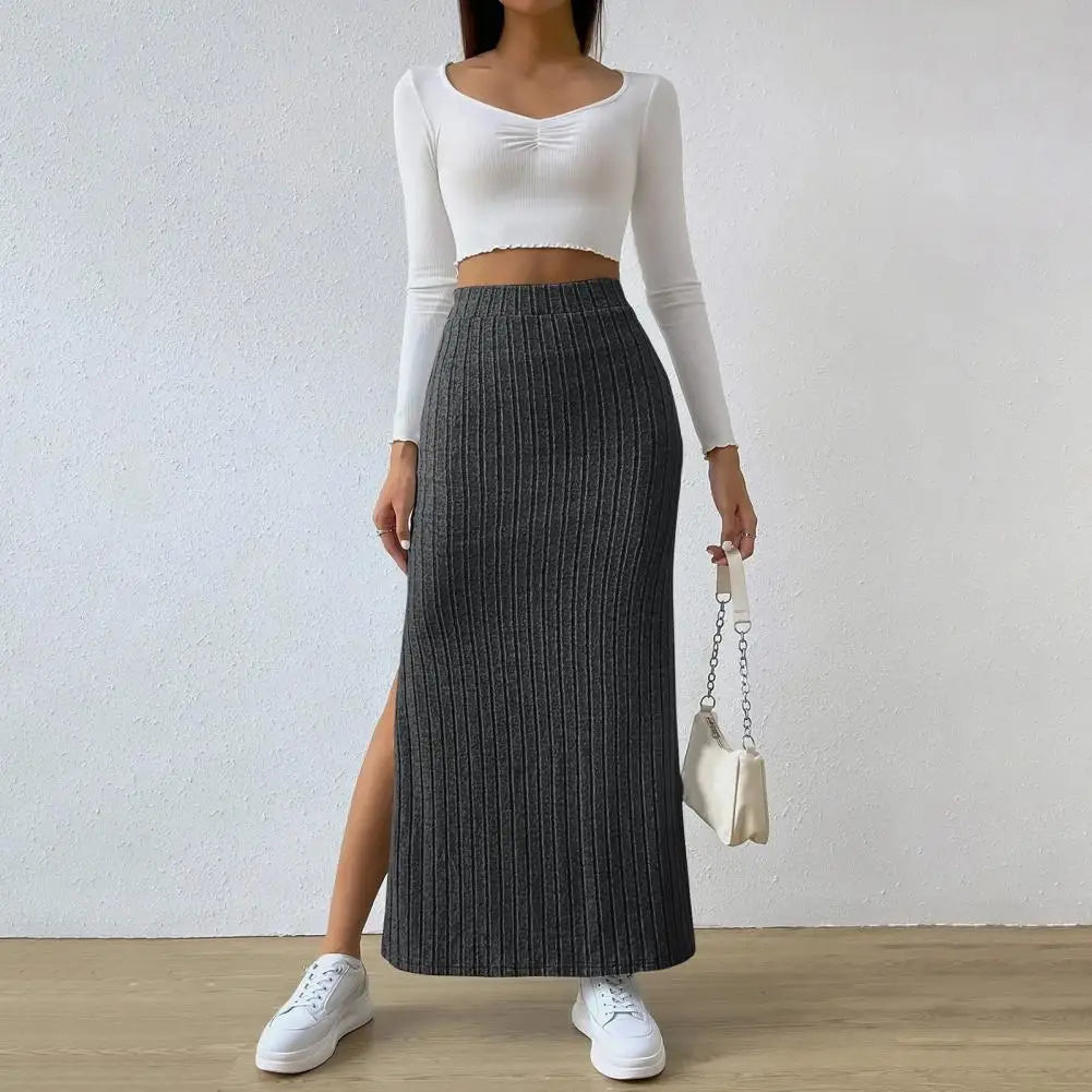 Long Skirt with Side Slits Breathable Maxi Skirt Elegant Ribbed Maxi Skirt with Side Slits High-waisted Solid Color for Autumn
