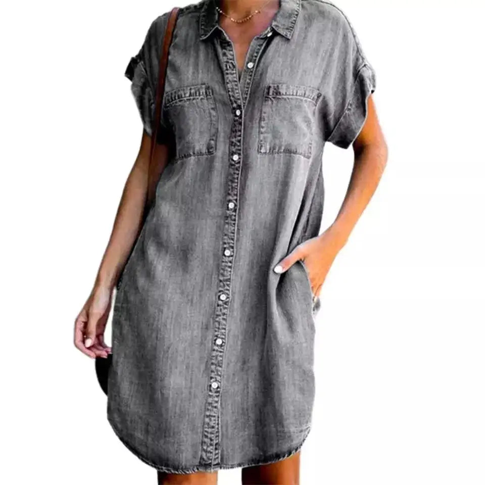 Summer Women's Denim Shirt Dress Single Breasted Casual Loose Pocket Retro Simple Denim Short Skirt