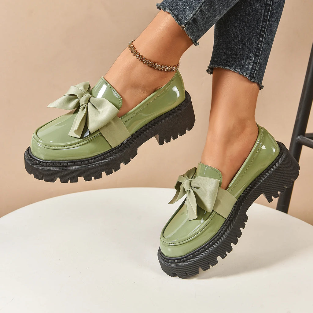 Women's British Style Loafers bowknot Chunky Heel Leather Flats Autumn Slip-On Shoes Versatile Work Shoes Platform Oxford 636