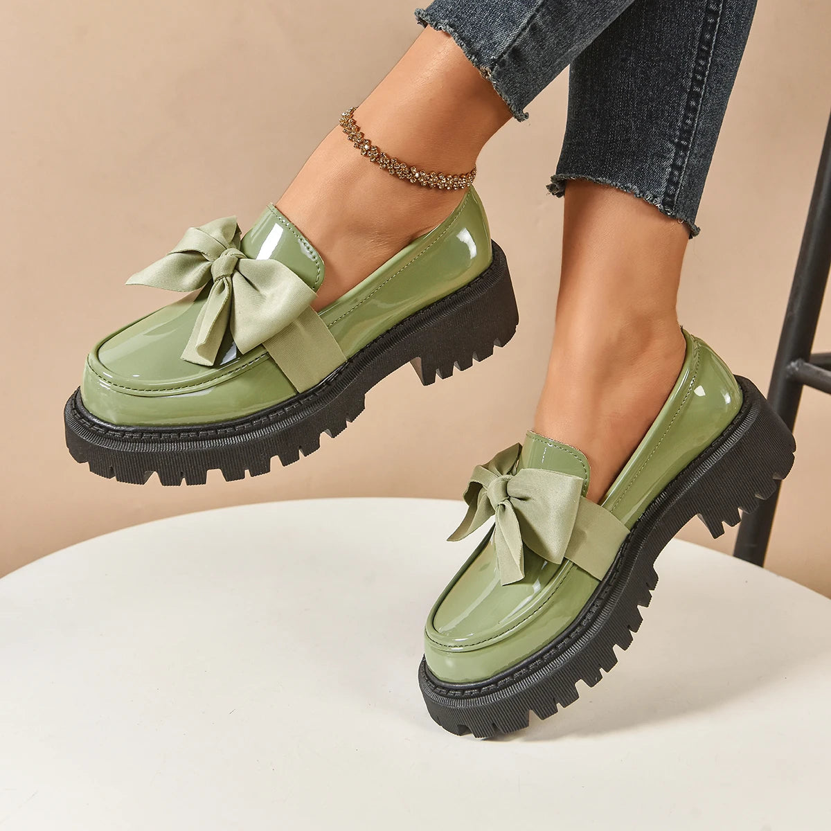 Women's British Style Loafers bowknot Chunky Heel Leather Flats Autumn Slip-On Shoes Versatile Work Shoes Platform Oxford 636