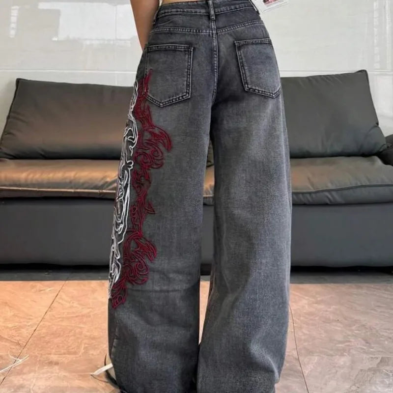 Summer Vintage Dark Grey Fade Women High Waist Wide Leg Jeans Side Red White Abstract Embroidery Euro Street Denim Casual Pants