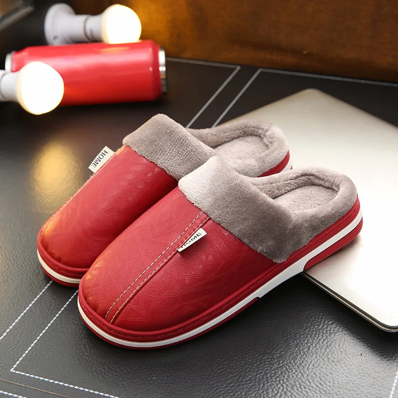 Big Size 50-51 Men Slippers Winter PU Leather Warm Indoor Waterproof Home Furry Flats Couples Slides Bedroom Non Slip Shoes