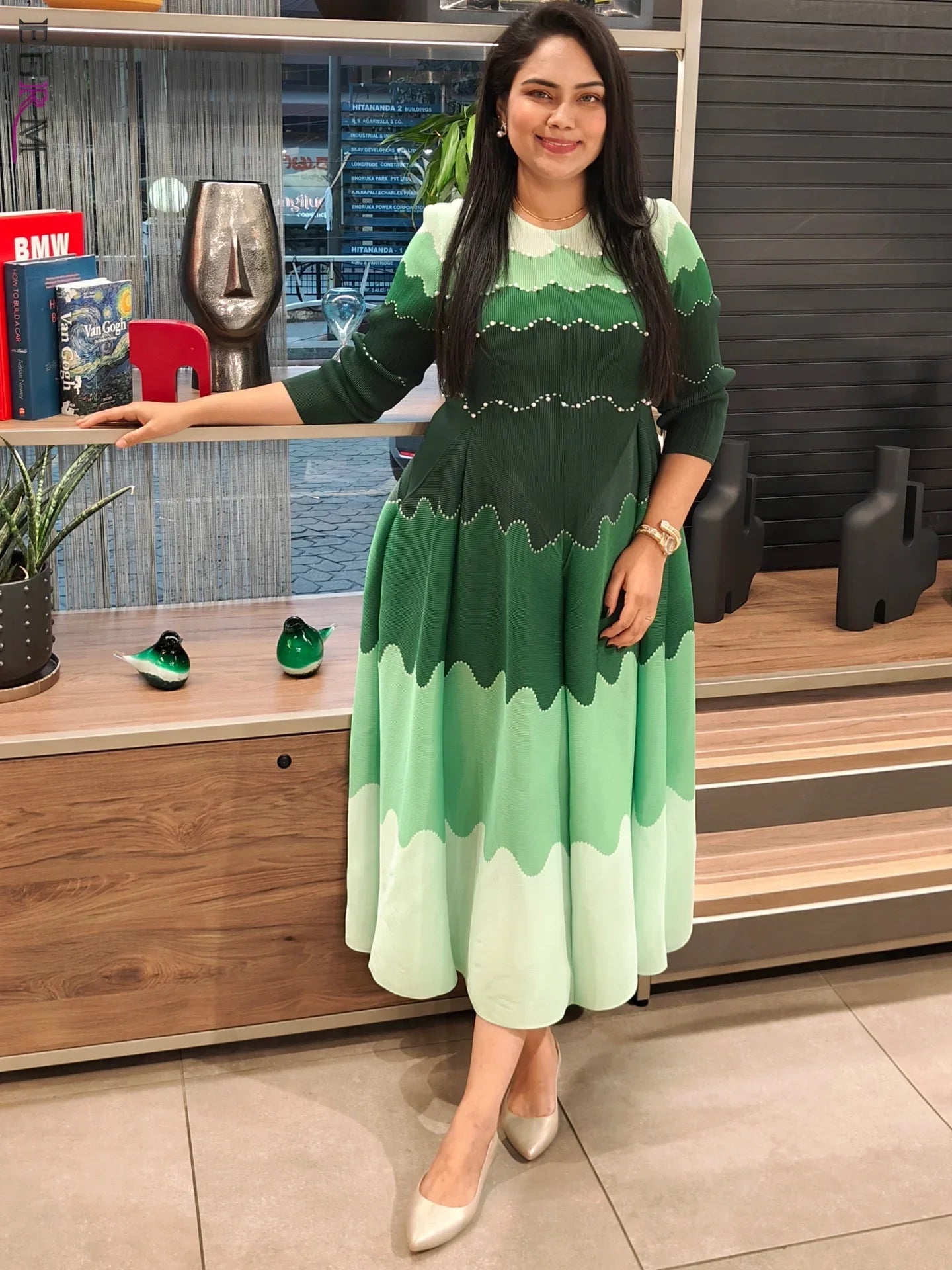 EGRM Pleated Party Dress Women's High Quality Beaded Color Block Long Sleeve Loose Fit Flared Maxi Evening Dresses 9R5303