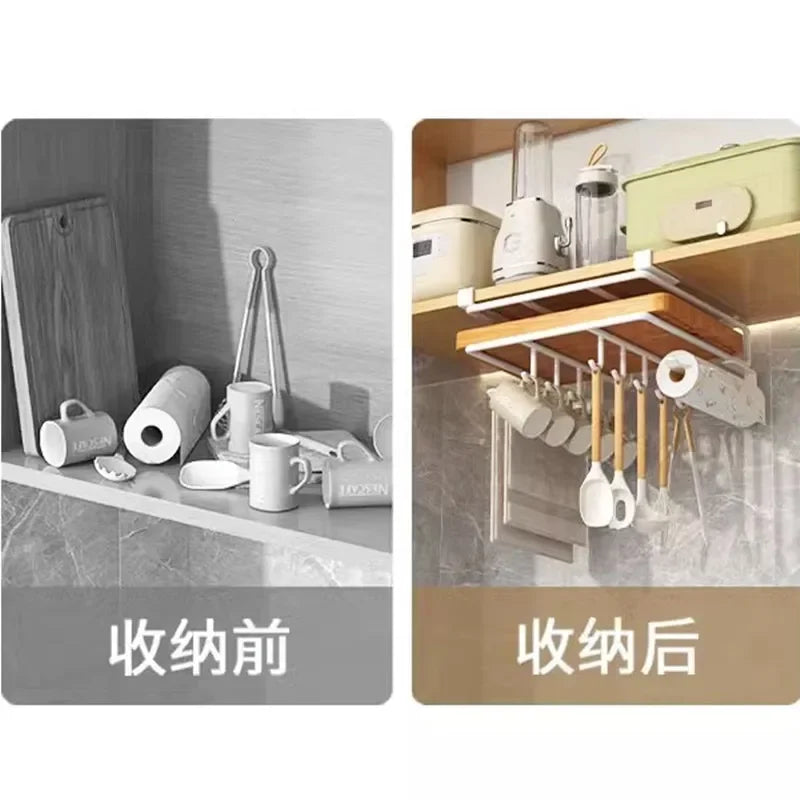 Kitchen Hanging Organizer Rack with Hooks Under Cupboard Paper Towel Rags Hanger Cutting Board Pot Cover Holder Storage Shelf