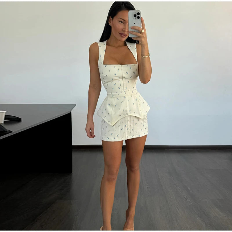 Fashion Printed Corset Belt Dress Women's Square Collar Sleeveless Zippers A-Line Short Gown  2026 Summer New Lady Party Wear