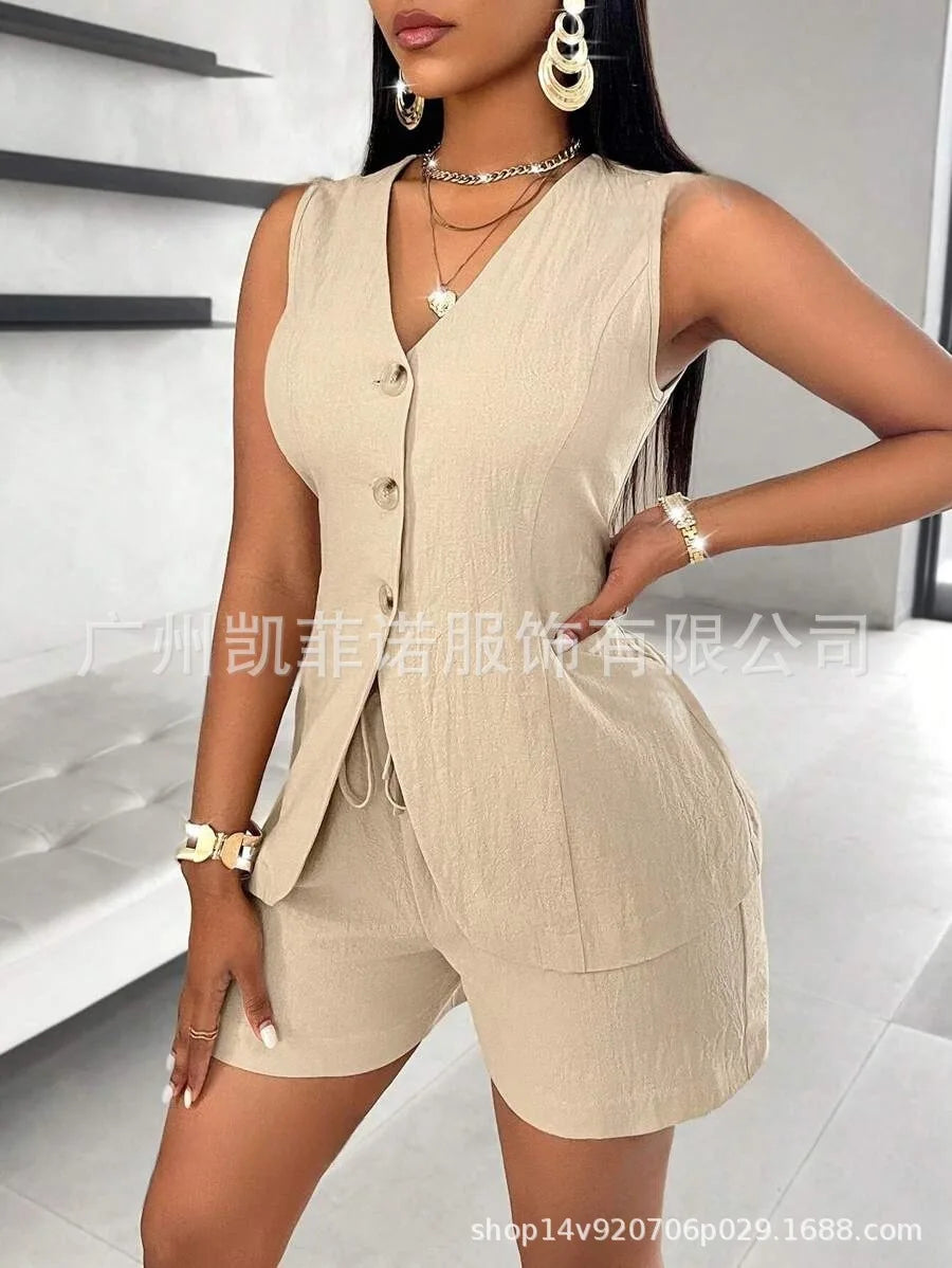 Women Fashion Casual Shorts Set Summer Vest Top Button Solid 2 Pieces Set Lace-up Pant Suits Womens Clothing Office Holiday 2025