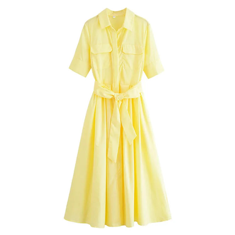 Women Long dress With Belt Spring Poplin Lady Short Sleeve Dress Pocket Women's Midi Dress Side Zipper Female Dresses