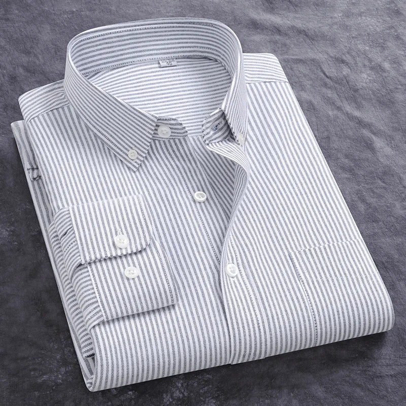 Newly Design Shirts For Men Spring Fall Long Sleeve Solid Color Oxford 100% Cotton Smart Casual Business Stripe Plaid White 5XL