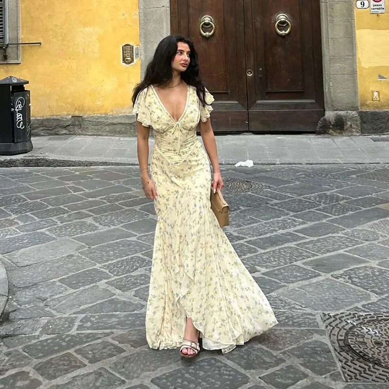 Elegant Sexy Print Fish Dress Women V Neck Short Sleeves High Waist Ruffles Split Vestidos Female 2026 Summer New Chic Dresses