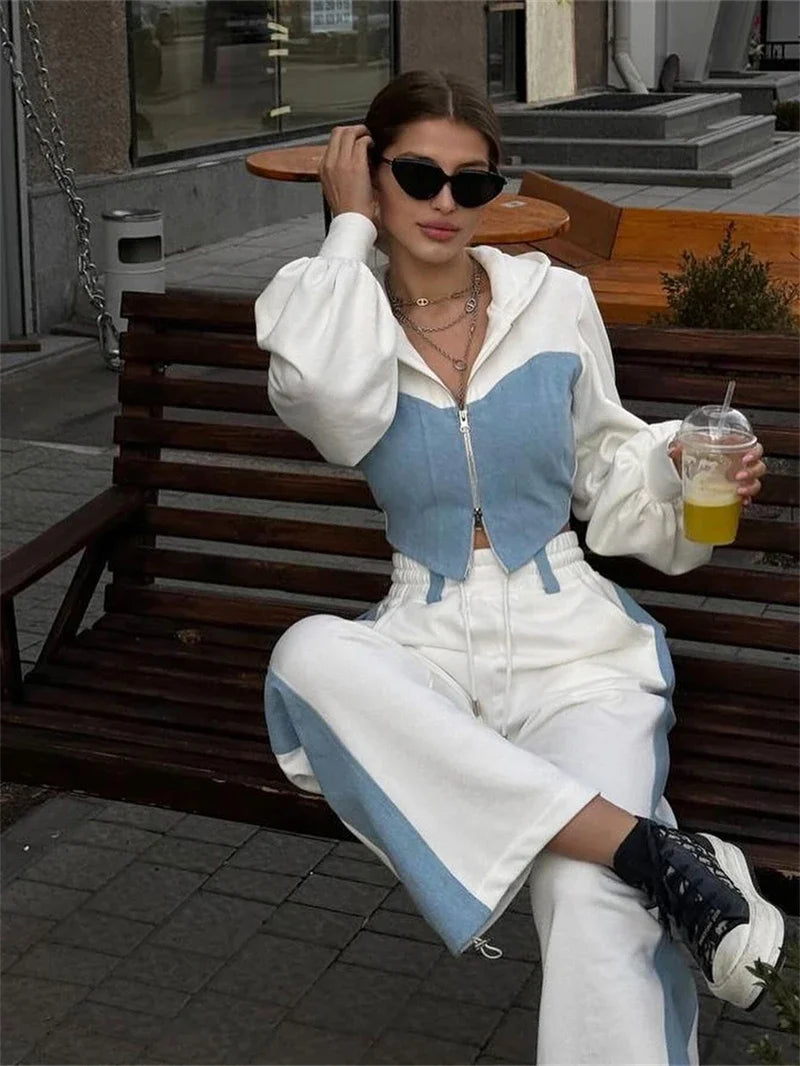 Streetwear 2 Piece Sets Women Outfit Fall Clothes 2024 Women Denim Patchwork Hooded Top and Pant Sets Casual Sweatsuit Woman Set