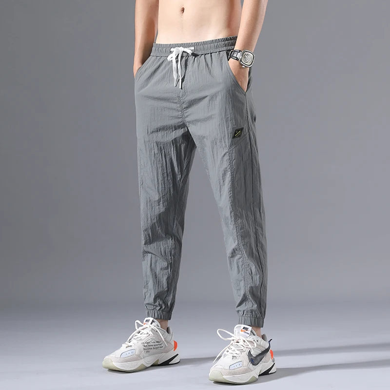 2026 Summer Thin Men's Wrinkled Fabric Loose Tapered Harem Pants Quick-Dry Elastic Cuff Casual Trousers Elastic Waist City Boy