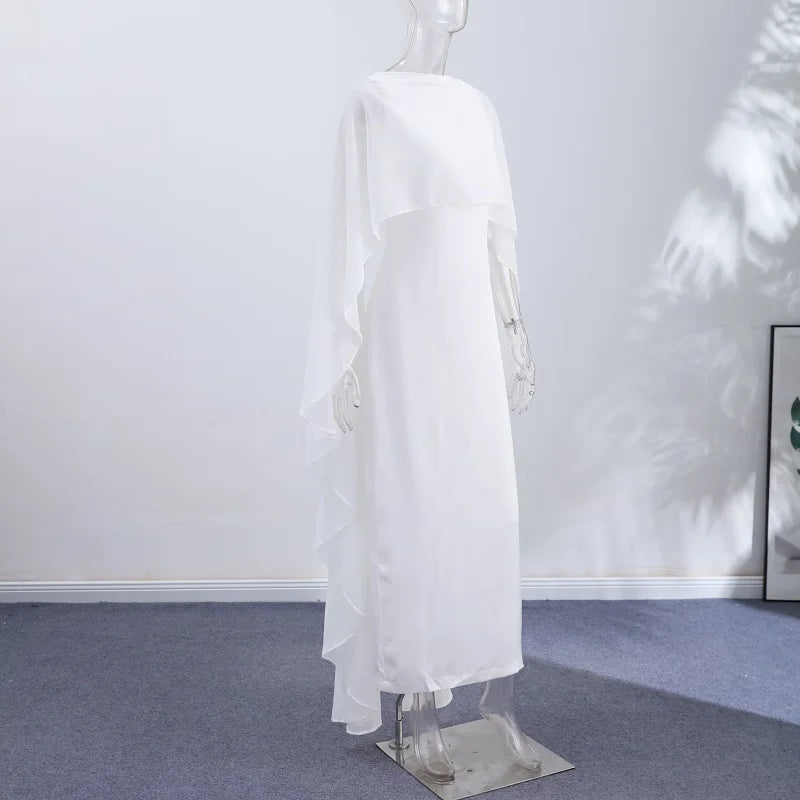 Sheer Cape Round Neck Maxi Dress For Woman Open Back Solid Plain Design Skirt Elegant Wedding Formal Evening Female Long Robes