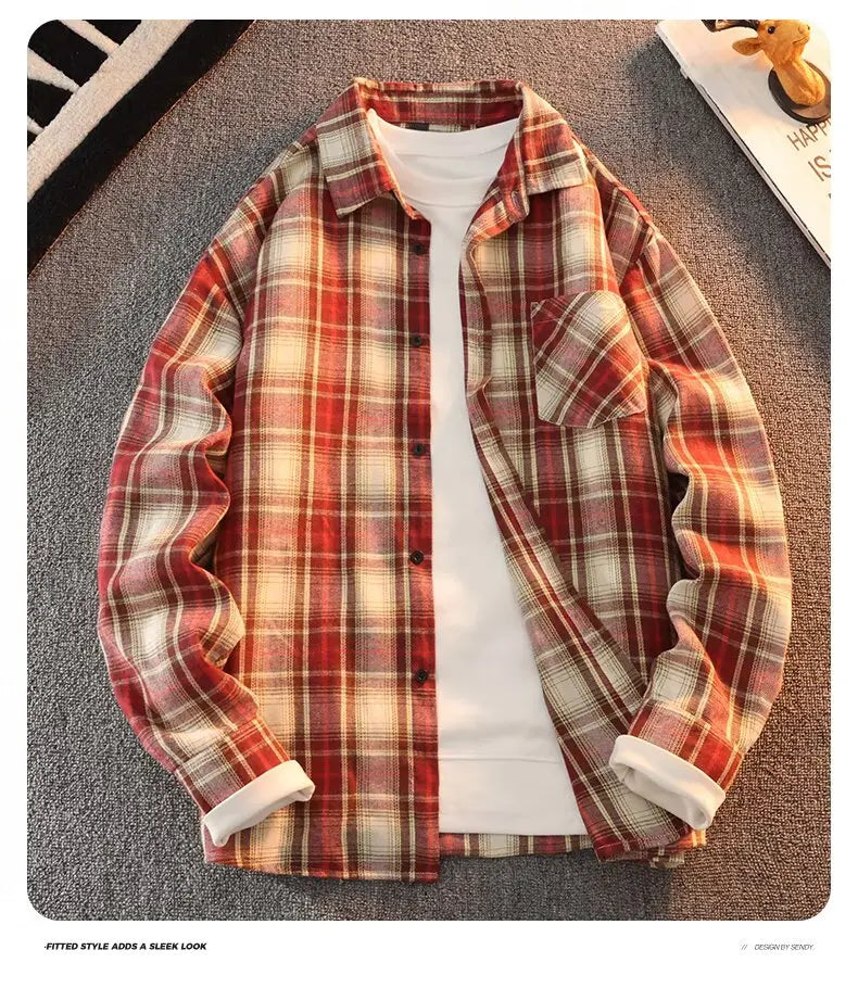 Retro Japanese Plaid Long Sve irt Men's Casual Loose Fit Spring Autumn Wear for Students And Couples Youth Faion