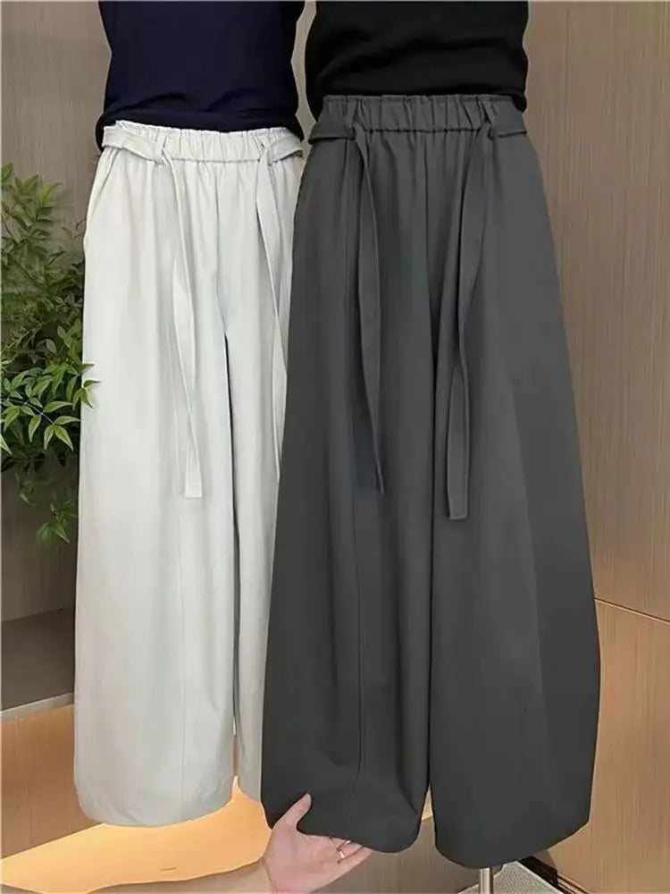 Summer Women Wide Leg Pants Elastic High Waisted Loose Casual Trousers Pockets Drawstring Gray Comfortable All-Match Streetwear