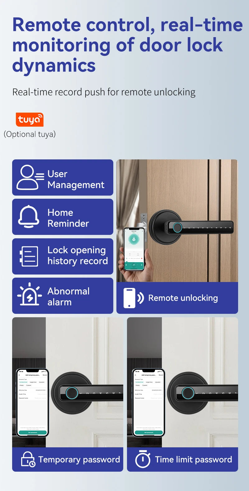 Tuya Bluetooth Smart Fingerprint Door Lock Electronic Lock With Password/Key/Card/APP Unlock Home Protection Smart Life Control