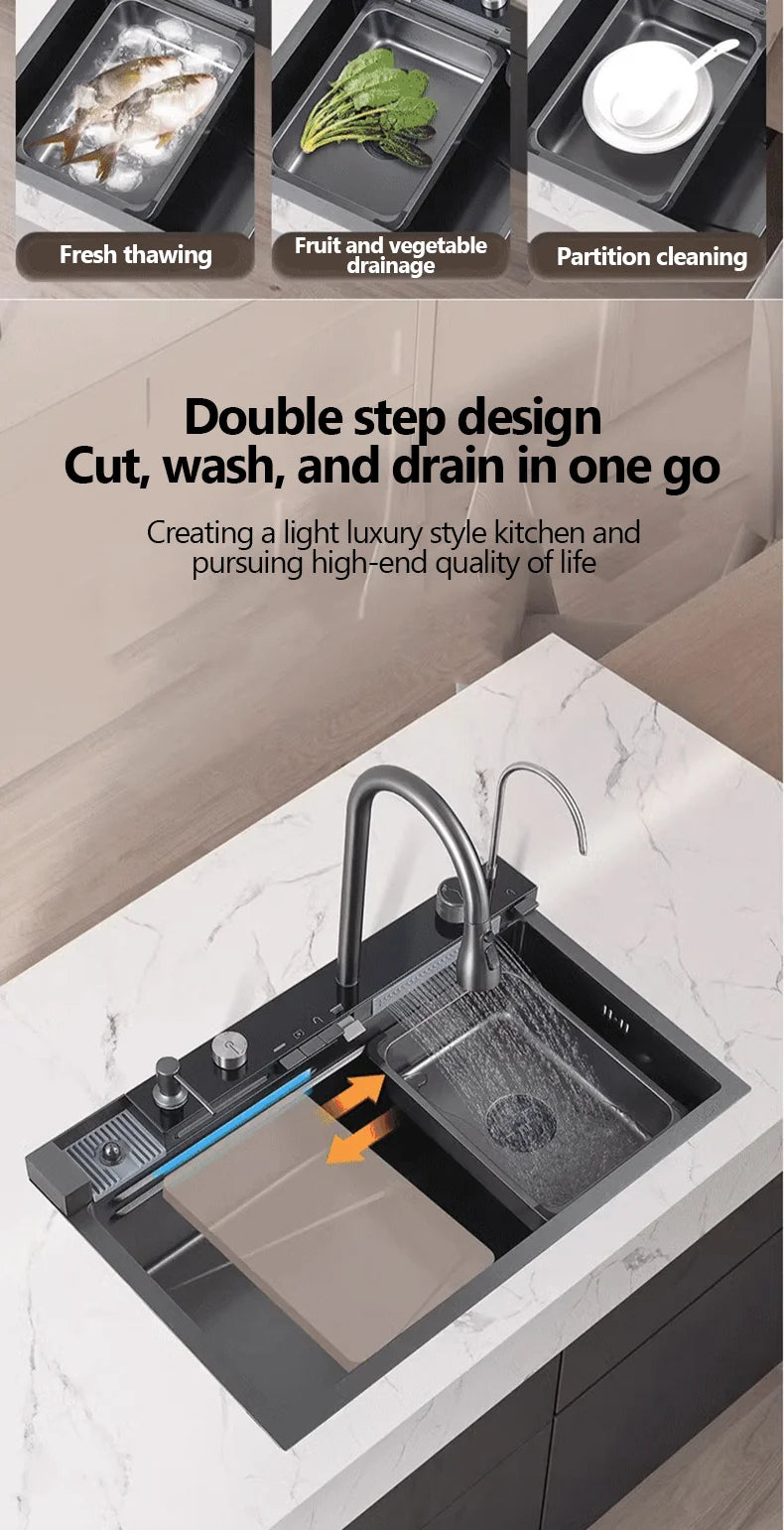 304 Sink Key Digital Display Waterfall Rain Sink Stainless Steel Large Single Trough Hand Basin Washing Dishes Under The Basin