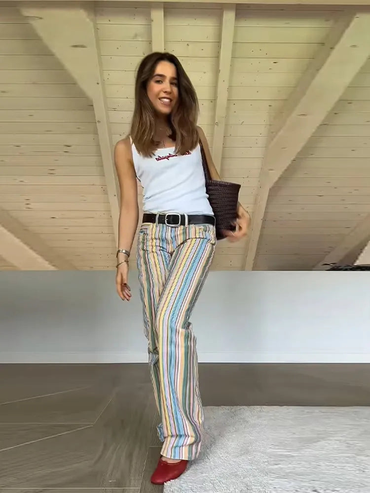 Multicolor Striped High Waisted Pants Straight Leg Retro Full Length Colorful Trousers 2026 Spring Casual Fashion Daily Wear