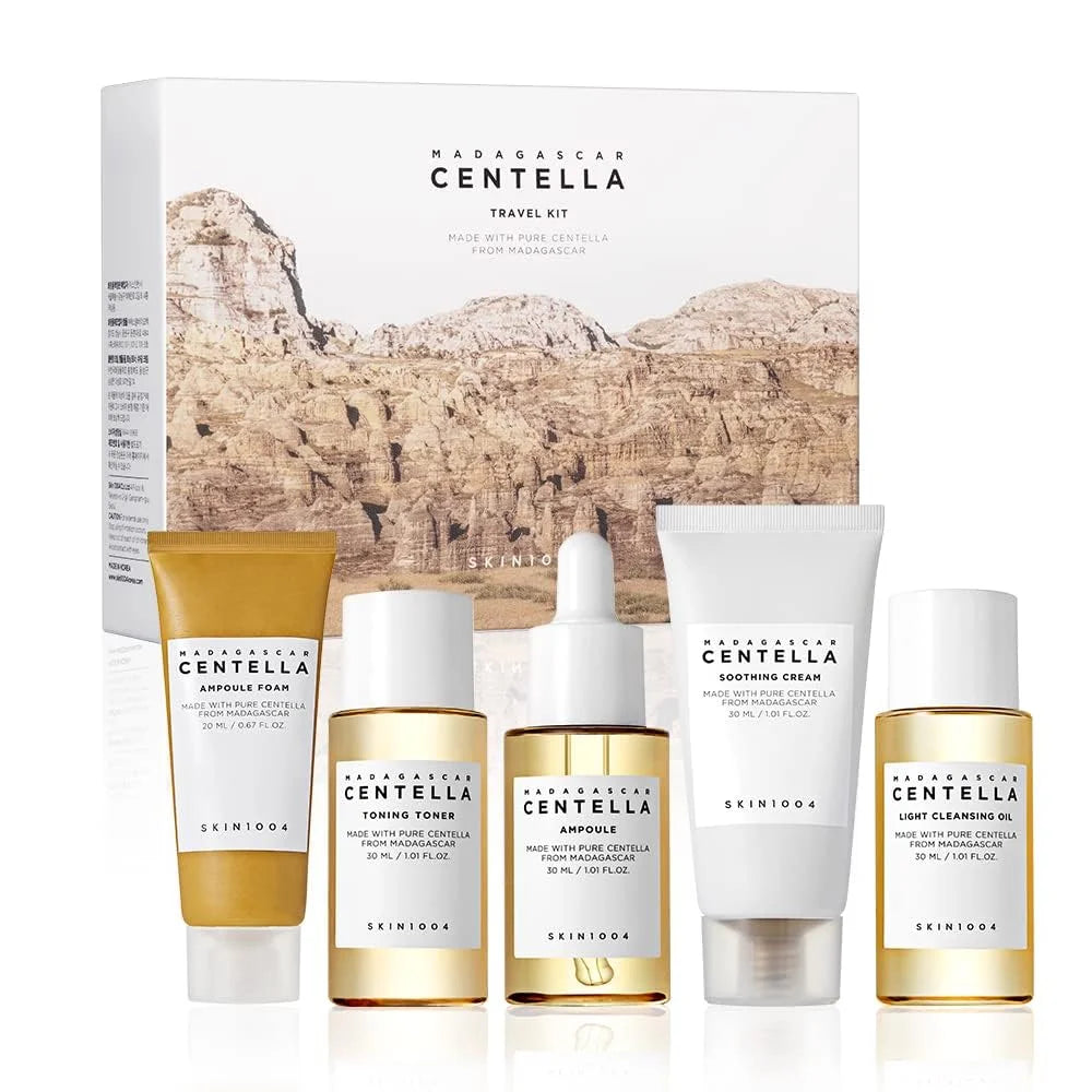 Korean Centella Travel Kit,Toner, Ampoule,Soothing Cream,Ampoule Foam,Cleansing Oil Daily Skincare Mini 5pcs Trial Kit Box Gifts