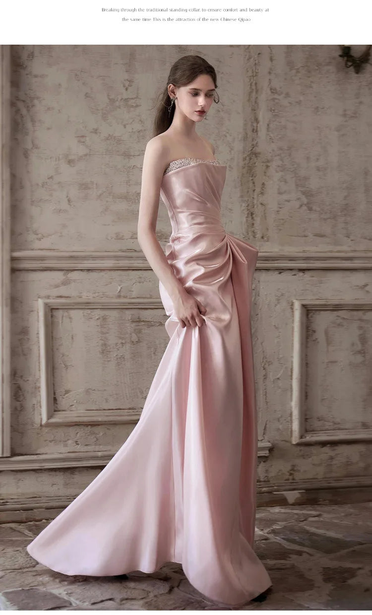 Pink Strapless French Evening Gown 2026 New High-end Annual Meeting Host Engagement Banquet Bride Toast Costume Customization