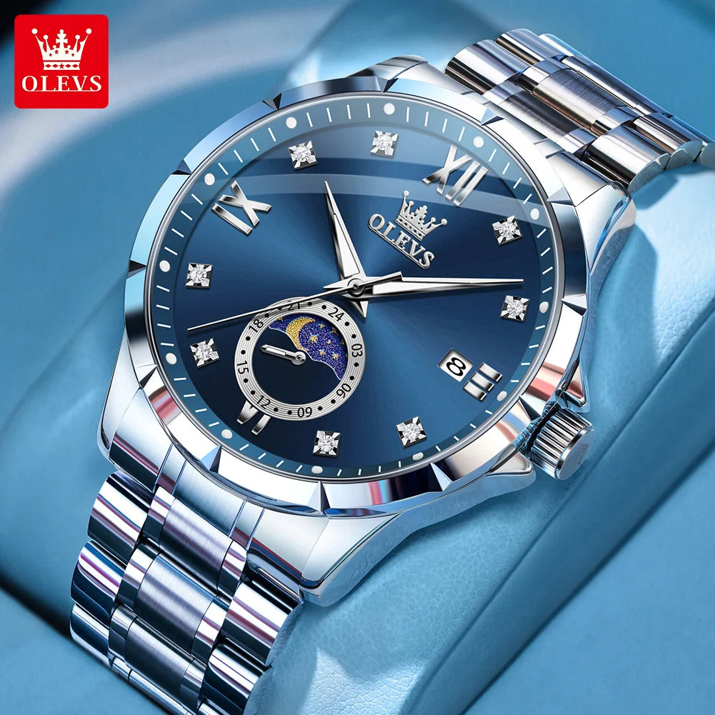 OLEVS 2956 Mens Watch Business Original Quartz Watch Large Dial Waterproof Luminous Automatic Date Moon Phase Watches For Man