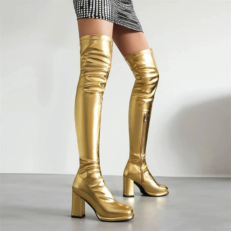 SGESVIER Women's Over the Knee High Boots Elegant Autumn Winter Shoes Gold Silver Heeled Long Thigh Boot Ladies Party Shoes