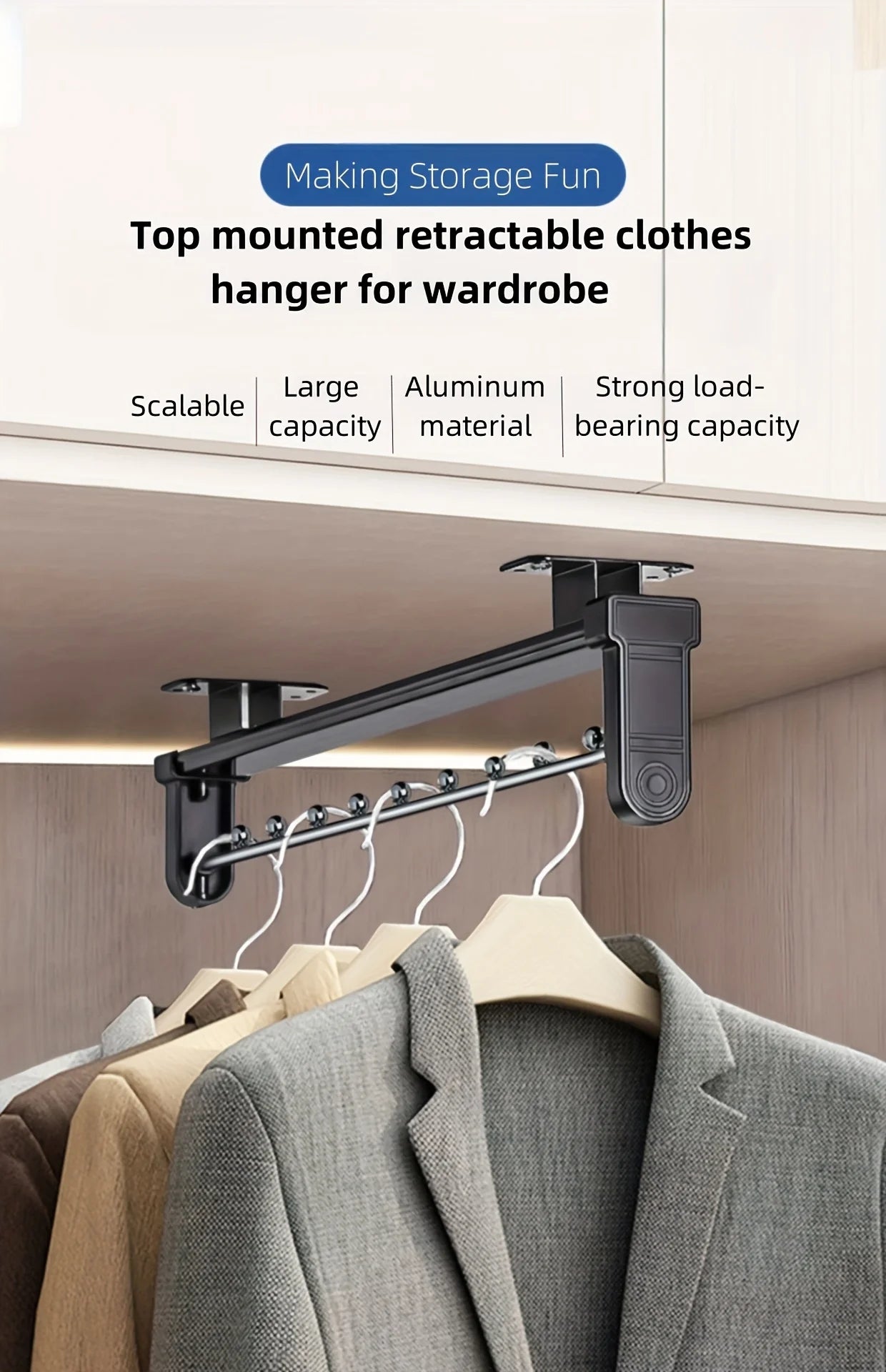 1pc Pull-Out Clothes Storage Rod Adjustable Foldable Metal Hanging Rail for Wardrobes Space-Saving Organizer Drying Racks