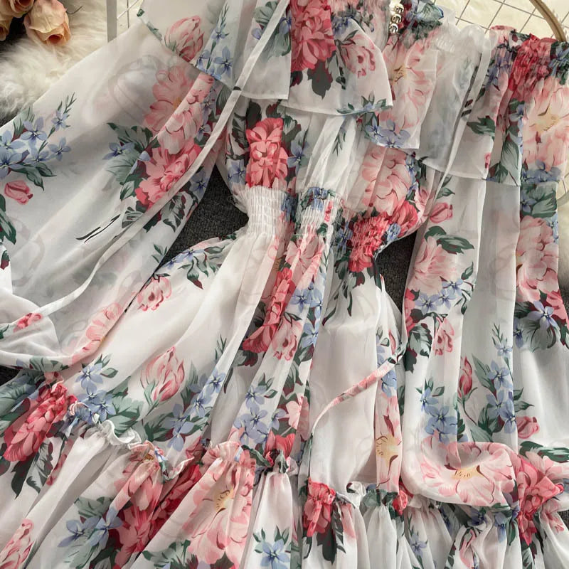 2025 New Retro Summer Beach Vacation Dress Women Sexy Strapless Lantern Sleeve Sweet Floral Jumpsuit Short Chiffon Print Dresses