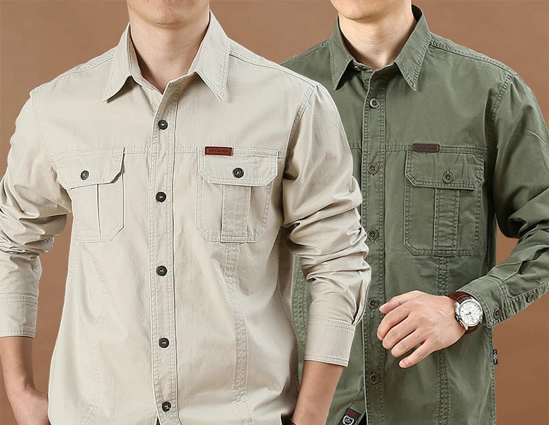 100% Cotton High Quality Spring Fall Fashion Men's Long-Sleeve Solid Color Casual Shirt Multi Pocket 6XL Large Size Cargo Jacket