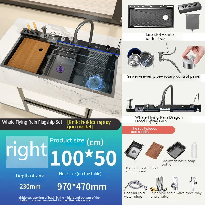 Stainless Steel Golden Kitchen Sink Multifunctional Waterfall Outlet Single Slot Piano Button Digital Display