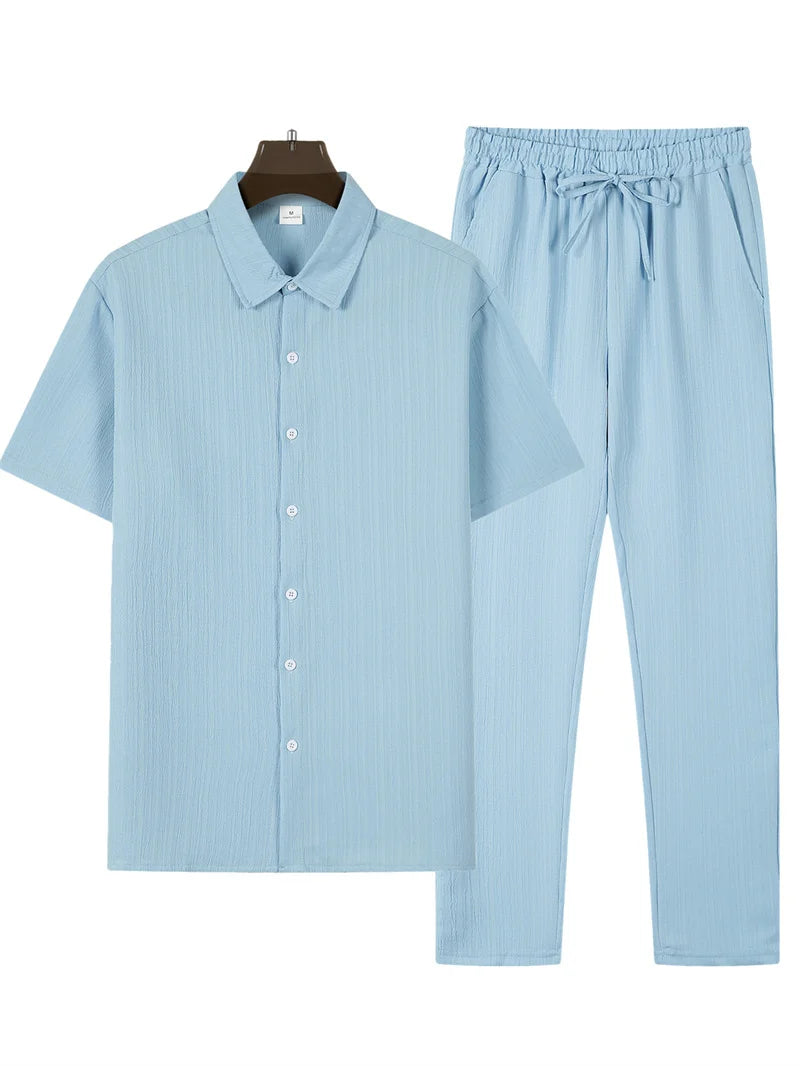 spring Summer Men Sets short-sleeve cardigan lapel shirt+trousers suit men's fashion 2 pieces tracksuit striped leisure suit