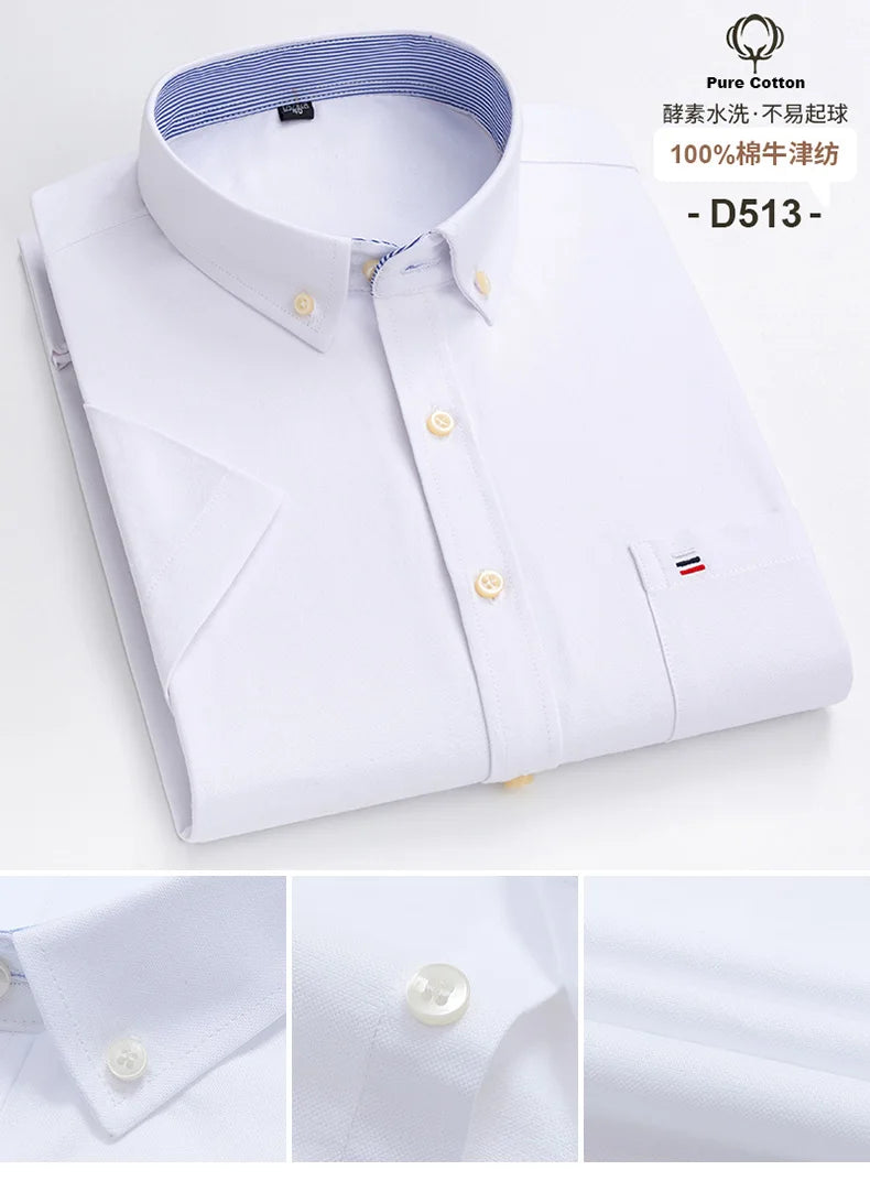 100%Pure Cotton Oxford Men's Shirts Short Sleeve Plaid Soft Regular Fit Formal Dress Shirt Social Blouse Male Clothes 6XL 7XL