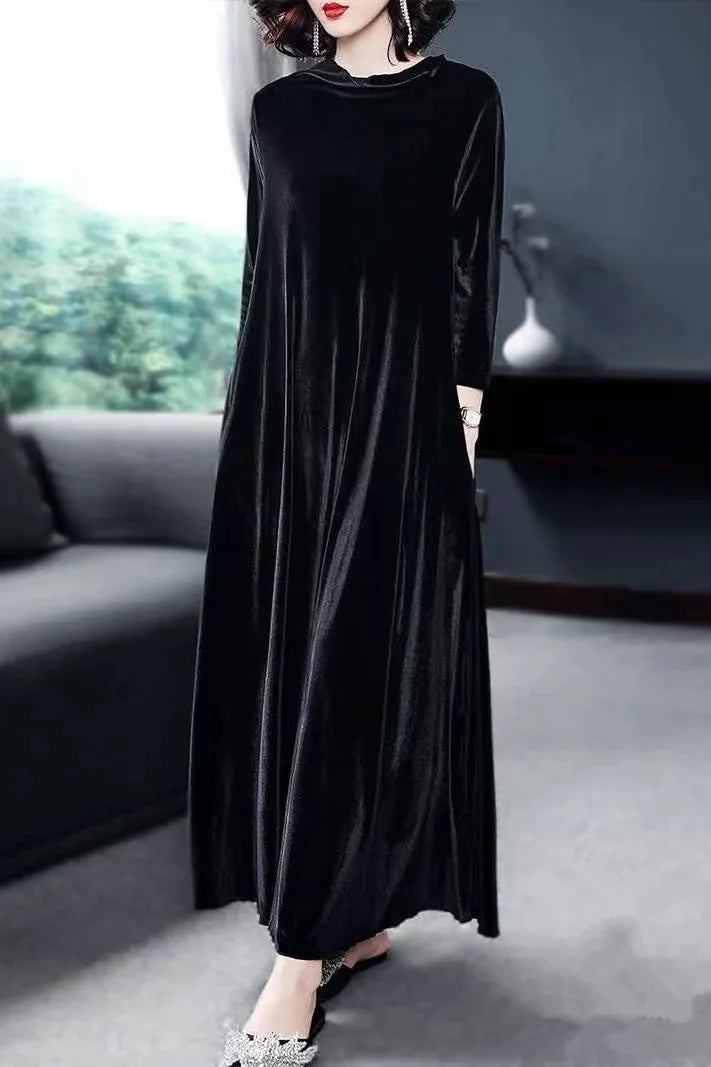 Elegant Velvet Long Dress for Middle-Aged And Elderly Women Autumn New Style Korean Version Loose Fit Long Sleeve Dress