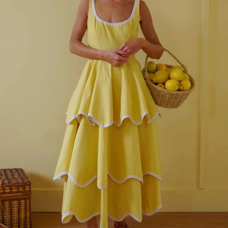 Fashion Women's Dress Round Neck Strapless Sleeveless Cascading Ruffled Hem Dresses Chic 2026 Summer New Daily Wear Ladies Robes