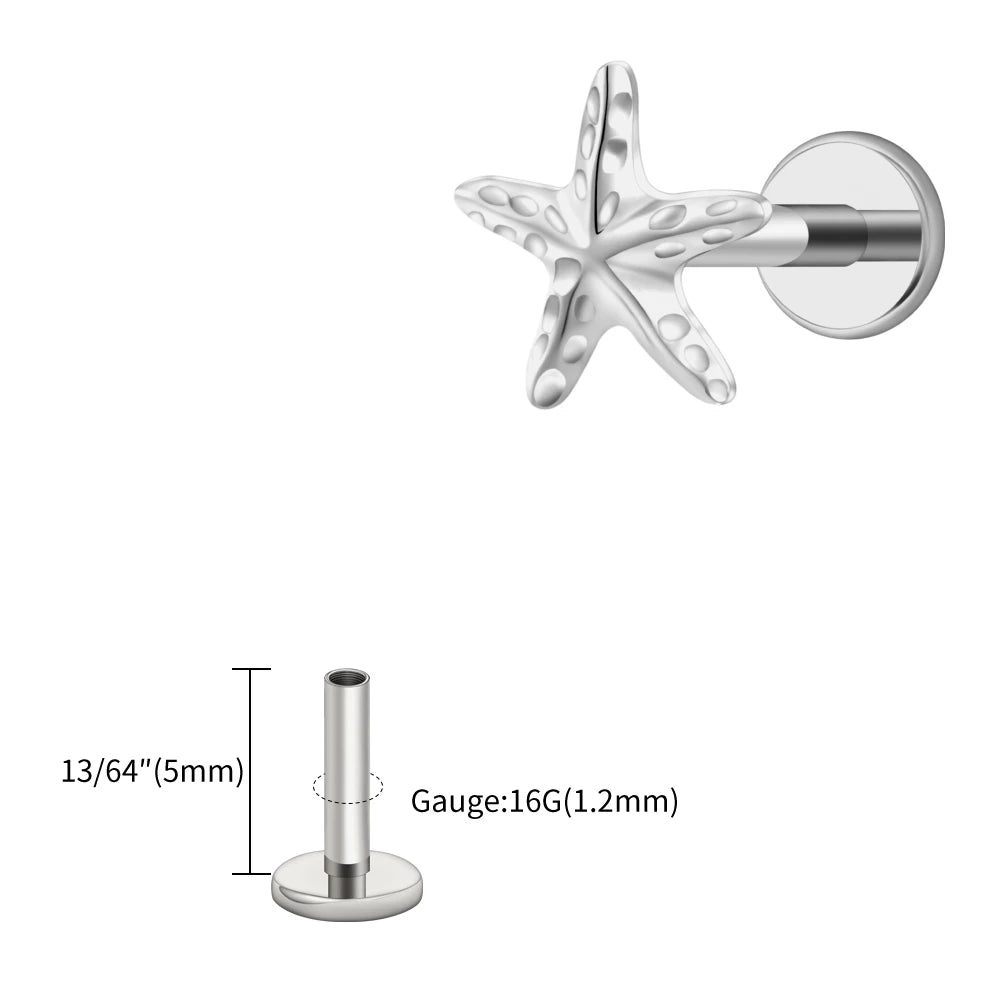 Right Grand ASTM F136 Titanium Tiny Starfish Cartilage Earring 16G Flat Back Labret Helix Stud Earlobe Piercing Summer Jewelry