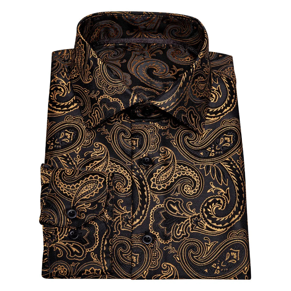 Gold Paisley Bright Shirts Men Autumn Long Sleeve Casual Flower Shirts For Men Designer Fit Dress Shirts BCY-07