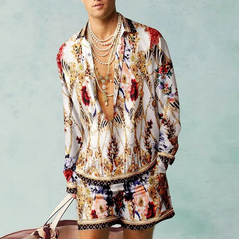 2PCS Suits Men Fashion Shirts+Shorts Two Piece Sets Hawaii Shirts Luxury European Shirt Sets Beach Vocation Outfits Streetwear