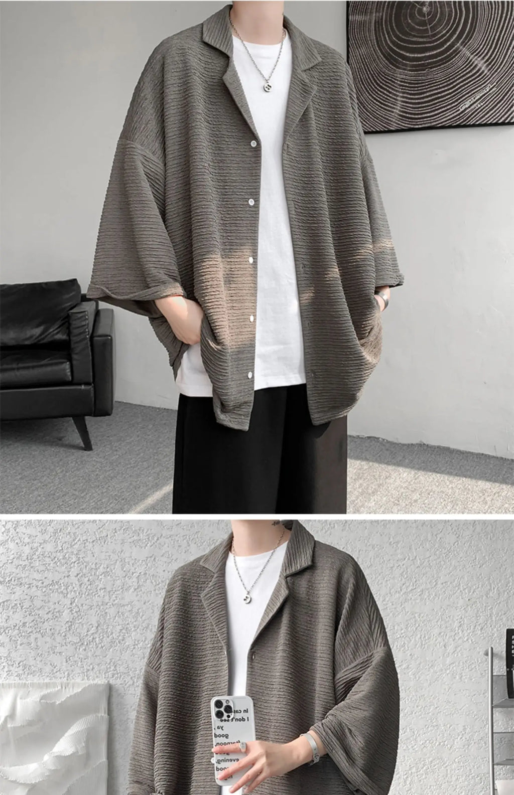 LEGIBLE Spring Summer Solid Shirts Men Casual Oversized Three Quarter Shirts Male Loose Fit Shirt for Man