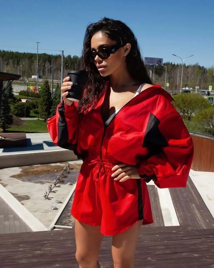 Lady'snavy Chevron Stripe Windbreaker Tracksuit Zip Cropped Jacket Contrast Trim Shorts 2026 Casual Sport Daily Jogging Street