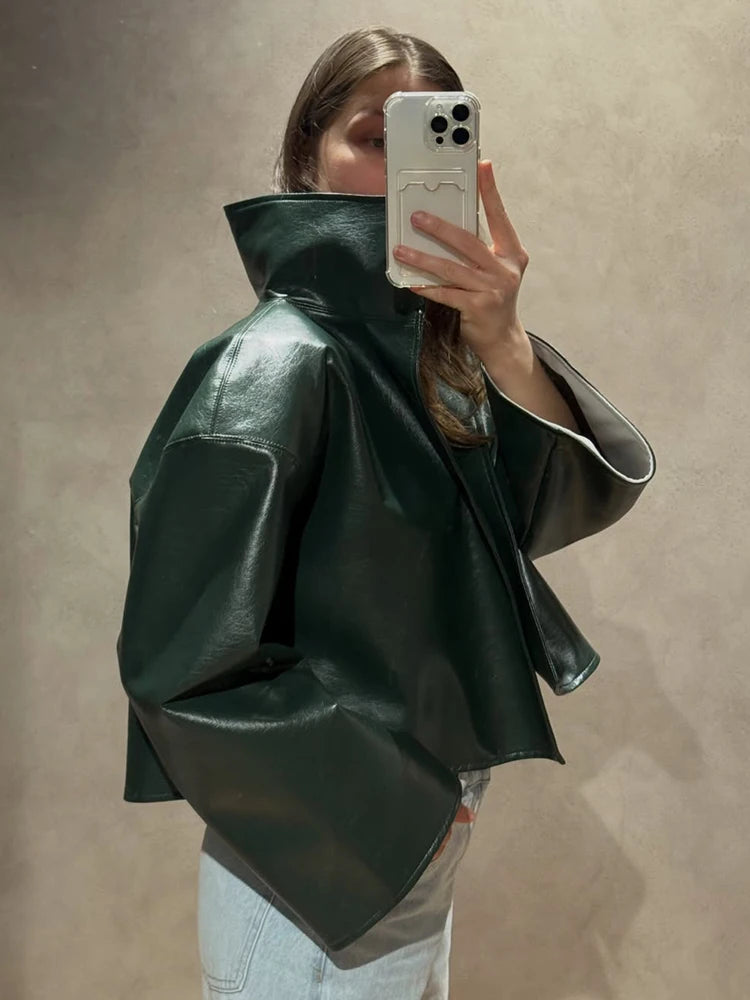 Women Retro Cropped Pu Leather Jacket High Stand Collar Open Front Loose Oversized Long Sleeve Outerwear Street Short Outerwear